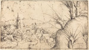 左边有一个城镇的风景，1549年。 作者 奥古斯丁·赫希沃格尔