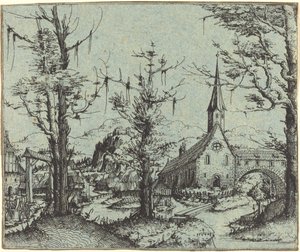 带有乡村教堂的风景，1545年。 作者 奥古斯丁·赫希沃格尔