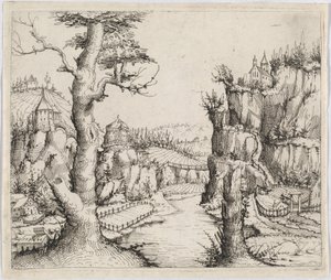 带有高崖的河流景观，1546年。 作者 奥古斯丁·赫希沃格尔