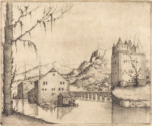 带有两座建筑的河流景观，1545年。 作者 奥古斯丁·赫希沃格尔