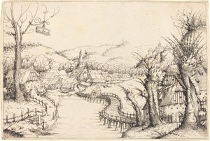 有木桥的河流景观，1546年。 作者 奥古斯丁·赫希沃格尔