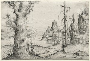 与左大树的河道景观，1546年。 作者 奥古斯丁·赫希沃格尔