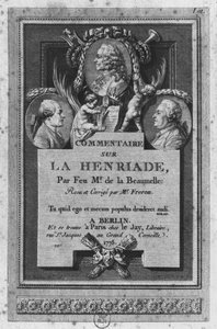 由伏尔泰的&39;La Henriade&39;评论的de la Beaumelle评论的正面，由Freron修订和更新，于1775年在柏林和巴黎出版 作者 Augustin de Saint Aubin