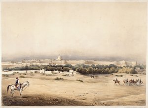 约 1850 年，海得拉巴，查尔斯-纳皮尔爵士（Sir Charles Napier）在其 Scinde 马队的护卫下走在前方（彩色石版印刷）。