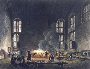 基督教堂的厨房内部，插图来自《牛津历史》，由F.C. Lewis（1779-1856）雕刻，由R. Ackermann出版。 作者 奥古斯都·查尔斯（后）普金