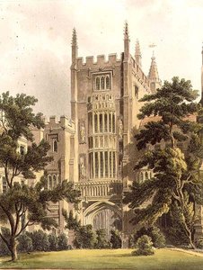 马格达伦学院的老门，来自《牛津大学史》的插图，由J. Bluck（fl.1791-1831）雕刻，由R. Ackermann出版。