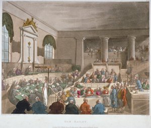 伦敦市老贝利区开庭大厅的内景，其中有一个法庭正在开庭，1809年。