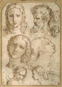 Head studies: a woman, an angel, a youth and a bearded man (pen & brown ink on white paper) 作者 Aurelio (attr. To) Luini