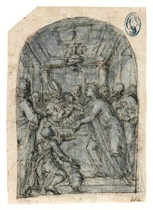 圣殿中的献祭（纸上粉笔、钢笔和墨水、水洗和白色加高） 作者 Aurelio (attr. To) Luini