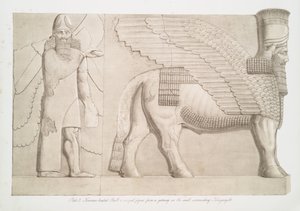 1853年在Kouyunjik [Quyunjik]周围的墙上的一个门户的人头公牛和翅膀的人物