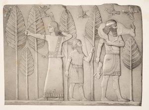 猎人与瞪羚，野兔和鸟类（Khorsabad），来自Nineveh纪念碑，酒吧。 1849年