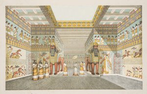 从尼尼微纪念碑，酒吧重建亚述王宫的大厅。 1849年（手工彩色雕刻）