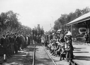 火车站的旅游招募火车与一些城镇居民（Donor Queensland Recruiting Committee），Wallumbilla，Queensland，c.1916