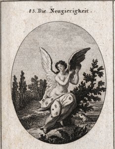 Allegorie de curiosite代表着一个点缀着耳朵和眼睛的帷幕，翅膀高高举起的雕刻在 "Iconologie oder Ideen aus dem Gebiet der Leidenschaften und Allegorien bildich dargestellt fur Zeichner, Mahler, Dichter, Gelehrte, Erzieher und 作者 奥地利学派