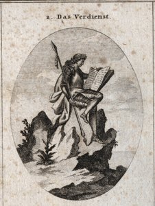 Allegorie du merite代表着在岩石的顶部陡峭的武器和一本书，象征着他的作品和研究结果。在 "Iconologie oder Ideen aus dem Gebiete der Leidenschaften und Allegorien bildich dargestellt fur Zeichne "中的雕版。 作者 奥地利学派