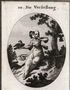Allegory of concealment. She covers her face with a mask, emblem of the fake. Its attribute is a magpie, both white and black, and its caresses are blended with beaks. Engraving in “” Iconologie oder Ideen aus dem Gebiete der Leidenschaften und Allegorien  作者 奥地利学派