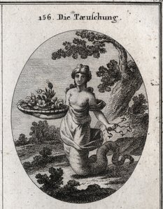 Allegory of deception. Among the flowers of the basket is a snake. She holds caches behind her several hamecons. Her legs end in a snake tail to show that she crawls to achieve her ends. Engraving in “” Iconologie oder Ideen aus dem Gebiete der Leidenschaf 作者 奥地利学派