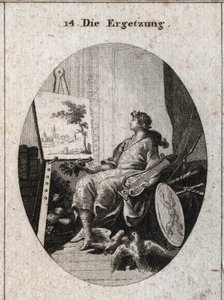 Allegory of delectation represented by a young man holding a lyre near a painting with fruits, books, weapons and two colombents that caress each other, all symbolizing the charm of the senses. Engraving in “” Iconologie oder Ideen aus dem Gebiete der Leid 作者 奥地利学派