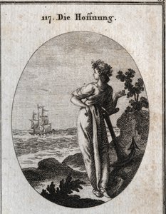 寓意希望寄托在锚上，观察地平线上的船只。雕刻在 "Iconologie oder Ideen aus dem Gebiet der Leidenschaften und Allegorien bildich dargestellt fur Zeichner, Mahler, Dichter, Gelehrte, Erzieher und befunde Hoherer Gesch "中。 作者 奥地利学派