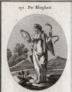 Allegory of prudence, its ordinary attributes are the mirror and the snake. She has two faces, a young person for the anticipation of the future and an old one for the consideration of the past. Engraving in “” Iconologie oder Ideen aus dem Gebiete der Lei 作者 奥地利学派
