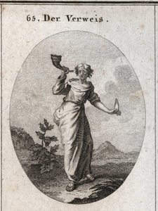 Allegory of reprimand. She learns to sound a book connet that emphasizes the unsightly sound of reprehensive words manipulated with caution, as shown by the human language held in the other hand. Engraving in “” Iconologie oder Ideen aus dem Gebiete der Le 作者 奥地利学派