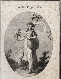Allegory of self-love represented as a young woman closing a bag symbolizing her faults with a baguette on which the Greek translation “” Philautia”” is inscribed. Attributes: the peacock making the wheel and the narcissus flower. Engraving in “” Iconologi 作者 奥地利学派