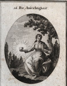 Allegory of sincerite holding a dove against her breast and presents a radiant heart. Engraving in “” Iconologie oder Ideen aus dem Gebiete der Leidenschaften und Allegorien bildich dargestellt fur Zeichner, Mahler, Dichter, Gelehrte, Erzieher und freunde  作者 奥地利学派