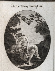 Allegory of stupidity. It is leaning on a sheep, naturally stupid animal. Engraving in “” Iconologie oder Ideen aus dem Gebiete der Leidenschaften und Allegorien bildich dargestellt fur Zeichner, Mahler, Dichter, Gelehrte, Erzieher und freunde Hoherer Gesc 作者 奥地利学派