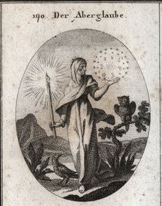 迷信的寓意。她拿着蜡烛灯和一圈星星，围绕着她认为焦虑的七个行星的星座。它的属性是猫头鹰和乌鸦。在 "Iconologie oder Ideen aus dem Gebiete der Lei "中的雕刻。 作者 奥地利学派