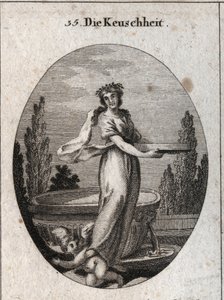 Allegory of the chastete bearing a cinnamon crown symbol among the Egyptians of the chastete, as well as the screen filled with water that she holds and which refers to the justification of a vestal that proved her chastete. She refouls a love under her fo 作者 奥地利学派