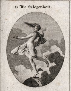 场合的寓意。脚上有翅膀，头发向前，略微靠在一个轮子上。雕刻于 "Iconologie oder Ideen aus dem Gebiet der Leidenschaften und Allegorien bildich dargestellt fur Zeichner, Mahler, Dichter, Gelehrte, Erzieher u 作者 奥地利学派