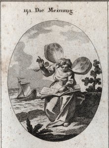 Allegory of the opinion represented reading a book from which she seems to support proposals. Butterfly wings on the shoulders and wrists mark the instability of men in their opinions. Deep down a ship is beaten by the waves alluding to the imagination and 作者 奥地利学派