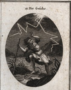 Allegory of the peril represented by a young man who escapes from a fast stream by setting foot on a snake that stings him and at the same time a thunder struck behind him. Engraving in “” Iconologie oder Ideen aus dem Gebiete der Leidenschaften und Allego 作者 奥地利学派