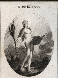 Allegory of the truth represented naked without artifice and natural looks at the light of the sun. The palm symbolizes the triumph of fraud and the book represents study. Engraving in “” Iconologie oder Ideen aus dem Gebiete der Leidenschaften und Allegor 作者 奥地利学派