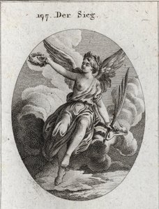胜利的寓意。她有翅膀，拿着棕榈和月桂花环。在 "Iconologie oder Ideen aus dem Gebiet der Leidenschaften und Allegorien bildich dargestellt fur Zeichner, Mahler, Dichter, Gelehrte, Erzieher und befunde Hoherer Gesch "中的雕刻。 作者 奥地利学派