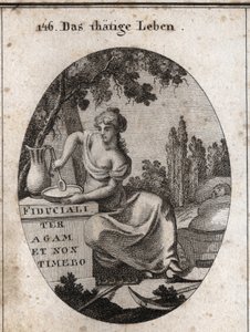 Allegory of working life sitting in the shade of a vine. She is represented preparing to eat in a pond and rocking with her foot a child. Ploughing instruments are placed beside her. Engraving in “” Iconologie oder Ideen aus dem Gebiete der Leidenschaften  作者 奥地利学派