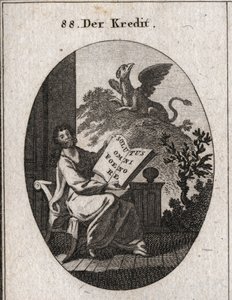 信用的寓意，拿着一本书，上面写着 "Solutus omni foenore"（免于一胜）。背景是一只象征着保存和维护特雷莎的狮鹫。在 "Iconologie oder Ideen aus dem Gebiete der Leiden "中的雕刻作品 作者 奥地利学派