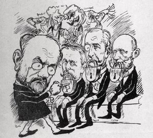 埃米尔-左拉试图打开关闭总统让-卡西米尔-佩里耶（1847-1907）和费利克斯-福尔（1841-1899）以及议会主席朱尔斯-梅林（1838-1925）嘴巴的锁，而在后台，亨利-罗什福尔（1831-1913）告诉Com 作者 奥地利学派