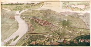 地图描绘了布达的捕获，1686年（彩色雕刻）