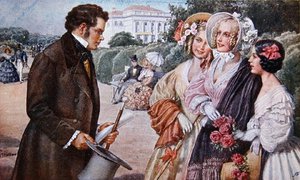 Das Dreimaederlhaus》（《三个女孩的房子》）中的场景，描绘舒伯特与茨霍尔三姐妹在一起的情景 作者 奥地利学派