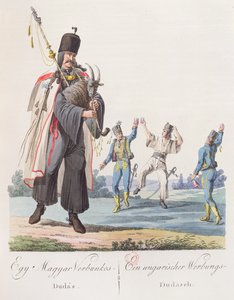 匈牙利军团的士兵表演招募舞蹈，插图来自一本书Costumes de Hongrie，于1810年在维也纳出版 作者 奥地利学派