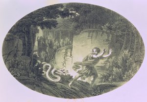 Tamino追逐巨型蛇，第一幕来自Wolfgang Amadeus Mozart的“魔笛”（1756-91）（雕刻） 作者 奥地利学派