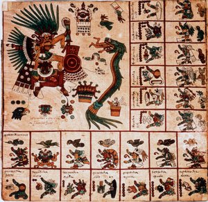 Quetzalcoatl和Tezcatlipoca的代表，阿兹特克人的神灵和对应日历的盒子。阿兹特克人在树皮上的手稿 "Codex Borbonicus "的页面，墨西哥中部的前哥伦比亚本土手抄本，15世纪末。国家图书馆