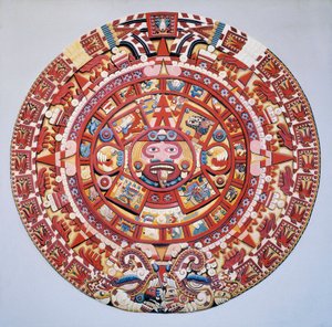 前哥伦布文明：阿兹特克日历（太阳之石）：代表阿兹特克日历和宇宙观的圆盘（Tonalpohualli）。
