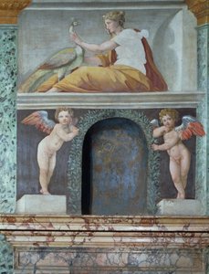 Sala delle Prospettive Hall of Perspective详细的trompe loeil利基描绘女神朱诺与孔雀，1518-19壁画 作者 巴尔达萨尔佩鲁齐