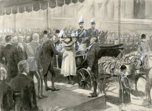 国王爱德华七世和亚历山德拉王后--特拉法加广场伦敦郡议会展台，1902 年 10 月 24 日（纸面水彩画）