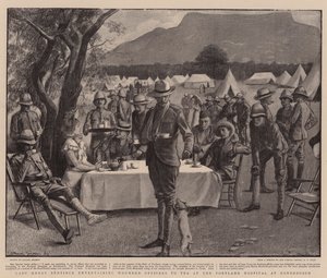 亨利-本廷克夫人在朗德博什的波特兰医院招待受伤军官喝茶（石版画）