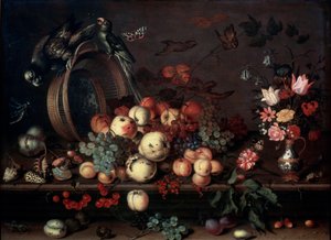 静物水果，花朵和鹦鹉，1620年代 作者 Balthasar van der Ast