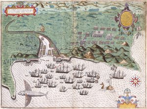 佛得角群岛圣地亚哥的视图计划，显示弗朗西斯·德雷克爵士在1585年11月17日约1588-9年对西班牙堡垒的袭击