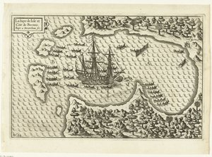 抵达婆罗洲，1600 La baye de Isle et Cite de Borneo（物上标题），RP-P-OB-75.411 作者 Baptista van Doetechum